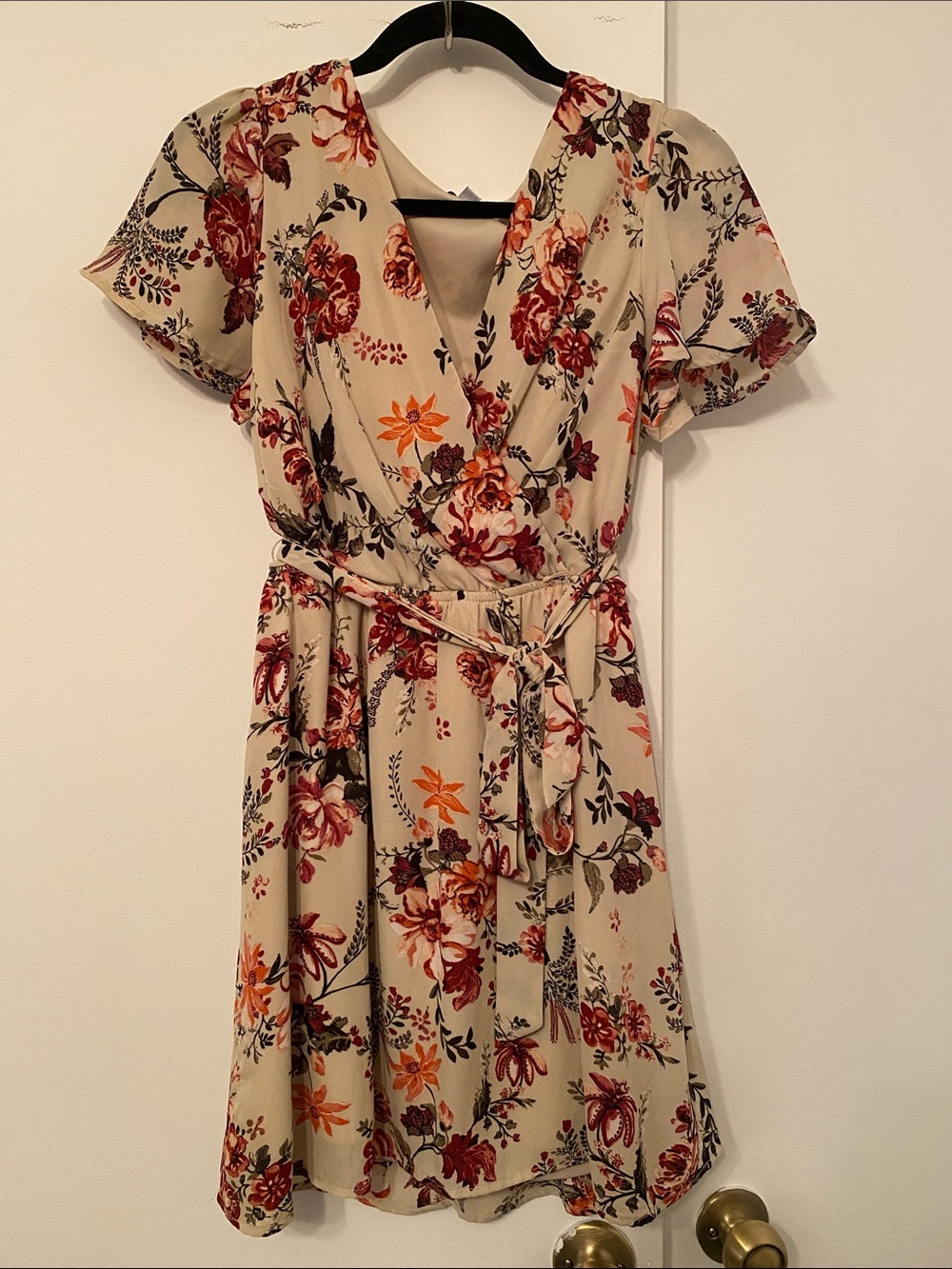 AUW Beige Mini Dress with Red & Orange Floral Print